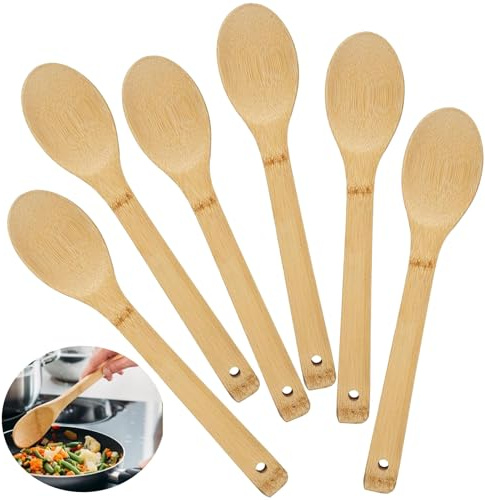 6 Pieces Wooden Spoons for Cooking 30 cm Long Handle Bamboo Spoon