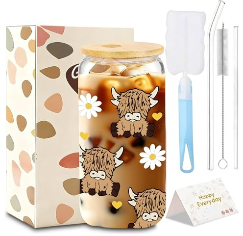 Highland Cow Glas mit Deckel und Strohhalm, 500 ml Trinkbecher Highland Cow Tasse, Trinkgläser Tasse Hochlandrind mit Tassenbürste und Strohbürste, Süßes Hochlandrind Geschenkset
