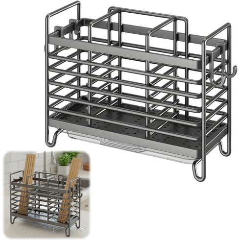 CtiUjdx 1pcs Cutlery Drainer And Kitchen Utensils Holder Grey, Stainless Steel Metal Cutlery Drainer Basket With Drain Holes For Countertop Or Wall Mount, Cutlery Tray For Knives, Forks, Spoons