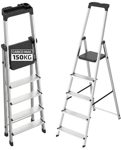 Scala Pieghevole in Alluminio a 5 Gradini con con Vassoio Portautensili Integrato || EN 131 || Portata 150kg || Struttura Robusta e Leggera per Casa, Ufficio e Fai da Te | Si apre senza attrezzi – Piedini in gomma – Chiusura salvaspazio – Norma EN 14183 – Per casa ufficio e garage