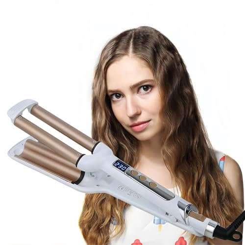 YONAIL 3 Barrel Curling Iron Tongs Mermaid Waver Hair Crimper, Beach Wave Curler Triple Barrel Curling Wand Tongs for Short Long Hair UK Plug (White)
