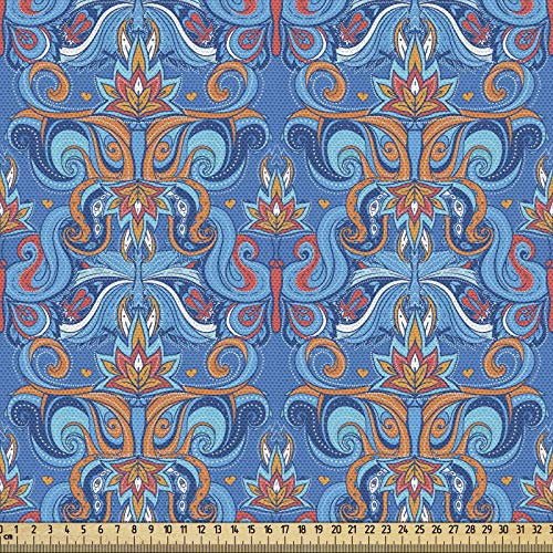 ABAKUHAUS Blau Gewebe als Meterware, Abstrakte Florale Ornamente, Schön Gewebten Stoff für Polster und Wohnaccessoires, 1M (148x100cm),Orange Korallenrot Blau