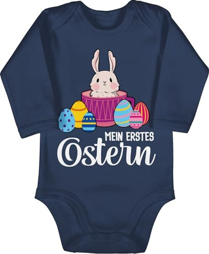 Baby Body langarm Mädchen Junge - Ostergeschenke - Mein erstes Ostern - Hase in Tasse - weiß - 6/12 Monate - Navy Blau - outfit osterhase first babystrampler oster geschenk osterüberraschungen 1.