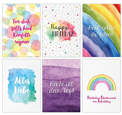 Papierdrachen 12 Glückwunschkarten zum Geburtstag - Geburtstagskarte - Grußkarte im Aquarell Stil für Kinder und Erwachsene - 12 Postkarten in fröhlichen Farben und Regenbogenmotiv
