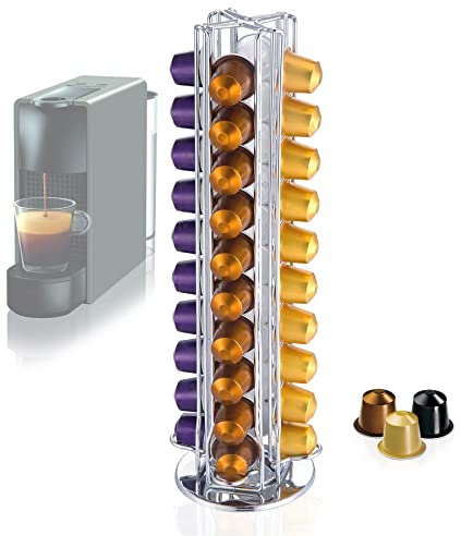 Kapselhalter Rotierend für 40 Nespresso-Kapseln, Drehbar Kaffee Kapselständer für OriginalLine Kaffeepads, Ständer für Kaffeekapseln Silber Chrom Haltbar