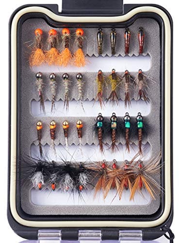 Bassdash Fly Fishing Lures Kit with Box Nymph Beadhead Wet Fishing Dry Flies for Trout Bass Salmon (32 pcs barbless trout flies)