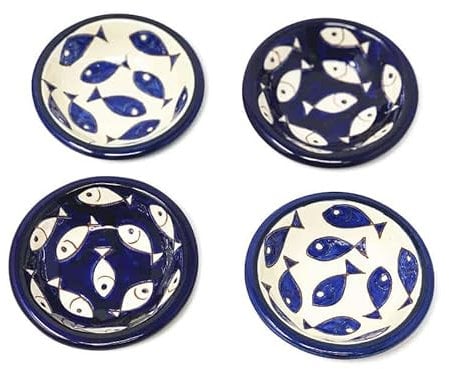 Verano Spanish Ceramics Signature Blue & White Fish Decorative Serving Dishes Mini Tapas Bowls - Set of 4 Mixed Set of Blue & White Fish
