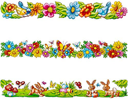 Fensterbild - Bordüre Motivwahl Osterhasen/Blumen & Schmetterlinge - Ostern - 44 cm - Lange Borte/Kante - selbstklebend + wiederverwendbar - Set Stick..