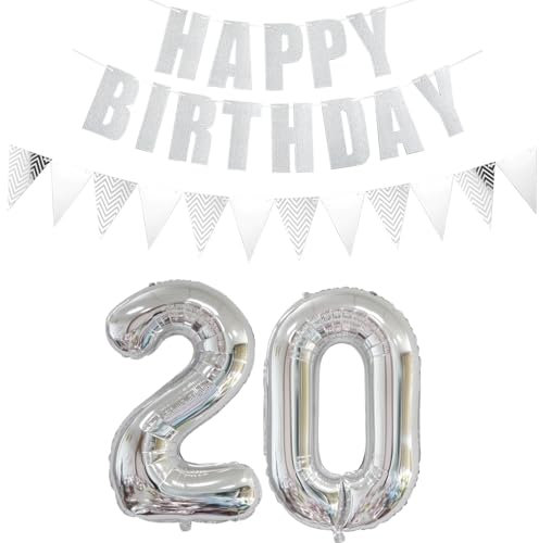 Luftballons Zahl 10 + HLuftballons Zahl 20 Silber + Happy Birthday Girlande + banner Folienballon 20.Geburtstags deko frau mann ballons 20 Jahre Geburtstag deko frauen (20)