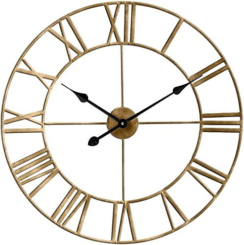 LW Collection Wanduhr Olivier Gold 60cm - Große Wanduhr mit römischen Ziffern - Moderne Industrielle Leises Wanduhr - Stille Uhr