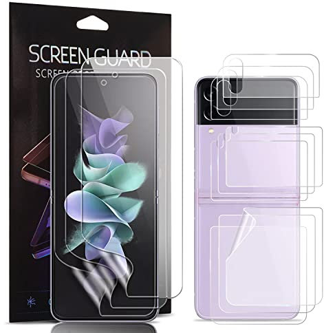 QLTYPRI [Paquete de 3 protectores de pantalla compatibles con Samsung Galaxy Z Flip 3 5G, película flexible de TPU suave, cobertura completa, soporte de desbloqueo de huellas dactilares, sin burbujas,