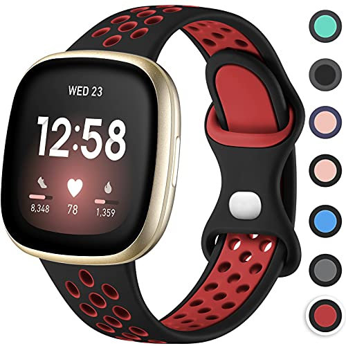 Upeak Sportarmband Kompatibel mit Fitbit Versa 3 Armband/Versa 4 Armband/Fitbit Sense Armband/Sense 2 Armband, Atmungsaktiv Silikon Doppelloch Schnappschnalle Ersatzband, Groß, Schwarz/Rot