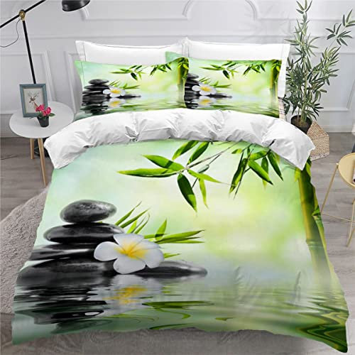 Housse de Couette 240x260 avec Fermeture Éclair Bambou Pierre Parure de Lit 2 Personnes avec 2 Taies d'oreiller 50x75cm Zen 3D Imprimé Adulte Housse de Couette en Microfibre Color