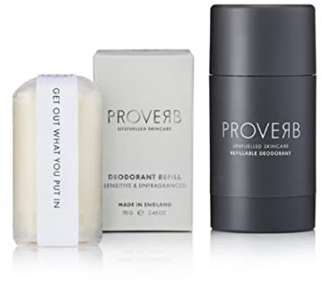 Proverb | Natural Refillable Deodorant Starter Set | Vegan & Aluminium Free | Sensitive & Unfragranced 70g | Lasting Protection | Grey Case