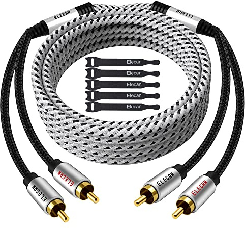 Elecan Câble RCA haut de gamme de 1,2 m (son Hi-Fi Sound-16 AWG-blindé) 2 RCA mâles vers 2 RCA mâles, coque en alliage d'aluminium plaqué or, cordon RCA tressé en cuivre pur pour haut-parleurs Home