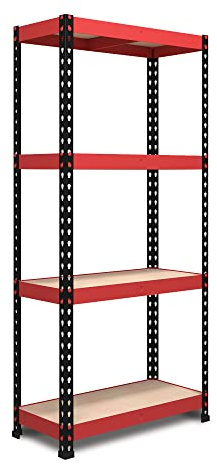 RBUK RB BOSS FastLok Garage Shelving Units 180cm x 90cm x 30cm Red & Black Powder Coated Steel Storage Racking with MDF Shelves, 4 Tier, 500kg Load Per Shelf for Shed, Workshop, Garage & Home