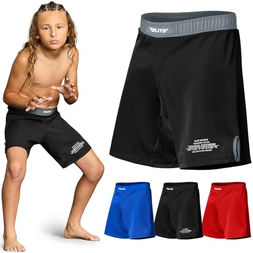 Elite Sports Kids MMA BJJ Shorts, Gray (Medium, 150 GSM Tear-Resistant Microfiber, UFC Grappling Training, Boys/Girls)