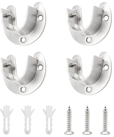 Yosawo 4 Stück Rundrohr Halterung， Stangenhalterung Edelstahl Verstellbar ，U-Form Sockelflansche mit Schraube Für Kleiderschrank, Schrank, Balkon,Badezimmer（Silber/25mm）