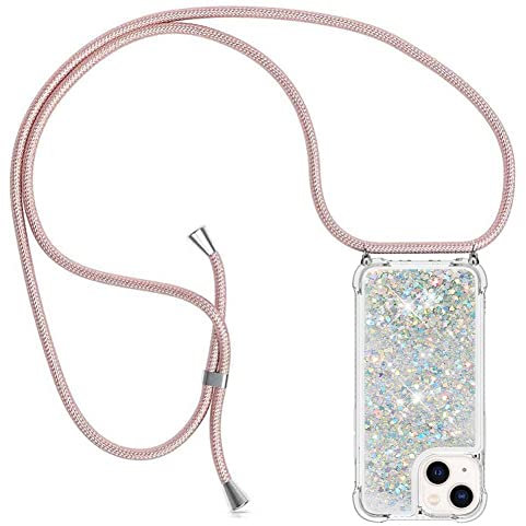YuhooTech Handykette Hülle Kompatibel mit iPhone 15 Handyhülle Quicksand Glitzer Hülle mit Band - Silikon Handyhülle mit Kordel Umhängenband - Schnur mit Treibsand Case zum Umhängen