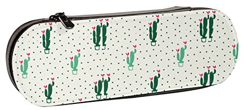 BEEOFICEPENG Federmäppchen, grüner und rosa Kaktus und herzförmige Blumen, Leder-Federmäppchen, Stifttasche, Büro, Schule, Schmuckkästchen, Make-up-Pinsel-Box