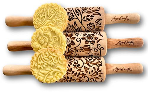 3-er SET mini Nudelhölzer - FLORET. Teigrolle mit Lotus, Kaschmir, Paisley blühende, Rebe und Lilie Blumen Muster. Nudelholz mit muster von Algis Crafts