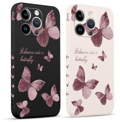 Pnakqil 2 Pezzi Cover per Apple iPhone 14 Pro 6.1 Carina Estetica Farfalla Romantico Disegno Viola Morbido Donne Protezione Sottile Anti Fotocamera Antiurto Silicone TPU Morbida Case