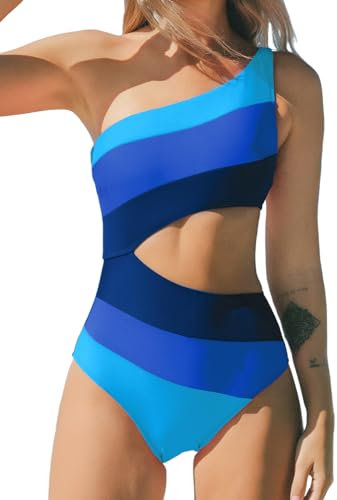 CUPSHE Damen Badeanzug Eine Schulter Farbverlauf Colorblock Asymmetrische Zierausschnitte Einteilige Bademode Swimsuit Blauer Farbblock M