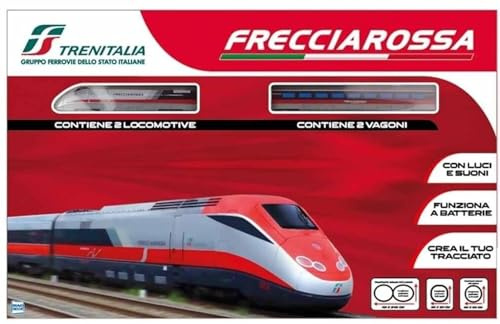 Pista Trenitalia Frecciarossa ERT 500 Scala 1:43 con luci e Suoni - Treno Giocattolo 2 locomotive 2 vagoni e 3 tracciati binari- Funzionamento a Batteria + portachiave cubo