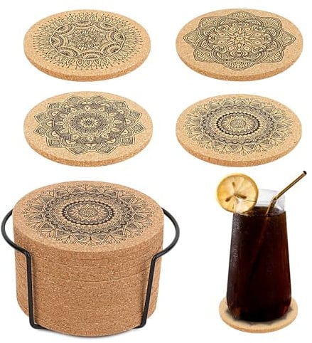 12 Stück Untersetzer Kork,Korkuntersetzer Holz Wiederverwendbare Rund Untersetzer,Gläser Untersetzer Kork,Saugfähigen Tasse Coaster Mat für Kaffee Bar Küche,Restaurant Büro und mit Metallhalter