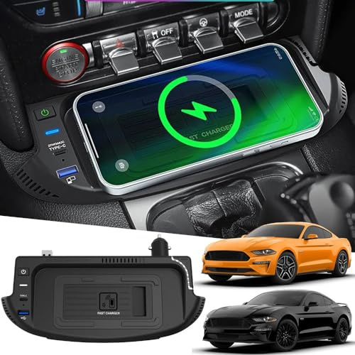Singkin Kabelloses Auto Ladegerät für Ford Mustang 2015 2016 2017 2018 2019 2020 2021 2022, OEM-Passform mit 27W USB-A & Type-C Wireless Schnellladendes Handy-Ladegerät für Ford Mustang-Zubehör