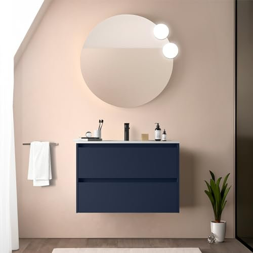Mobile bagno sospeso 80 cm blu satinato con lavabo e specchio tondo 70 cm, 2 cassetti con chiusura soft-close, GAYA