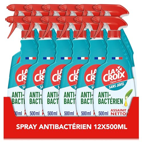La Croix, Spray Désinfectant Sans Javel, Antibactérien, 12 x 500 ml | Nettoyant ménager en spray, Formule puissante qui élimine les bactéries, Parfum assainissant, Huile essentielle de sauge