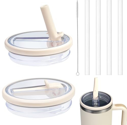 POFIBO 2 Stück Deckel für 40oz Stanley Cup - Auslaufsicherer Ersatzdeckel für Stanley Cup, Staubdichter Tumbler Abdeckung mit 4 Trinkhalmen, Stanley Zubehör Kompatibel mit Stanley Cup (Creme)
