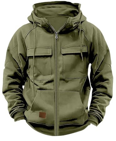 YCBMINGCAN Cargo Jacke Fall Hoodie Herren Einfarbig Langarm Sweatjacke Mit Reißverschluss Kapuzenpullover Loose Fit Tops Herren Zip Up Hoodies Männer Leicht Kapuzenjacke Outdoor Sportjacke (AG #1, XL)