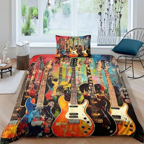 VUDBELAFC Gitarre Bettbezug Set Bettwäsche Kinderbettwäsche Reißverschluss Mit Kissenbezügen Betten Set Für Jugendliche Kinder Schlafzimmer Single(1Tier5x200cm)