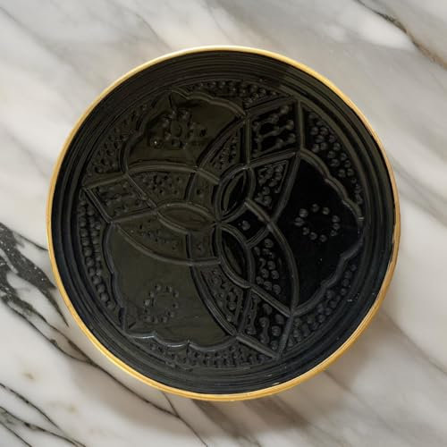 Générique Service Assiettes Gravées Céramique Dorure Or 12 carats- Ø 20cm - Artisanat de Luxe - Table de Fêtes - Noël - Ramadan (Noir, Lot de 2 Assiettes)