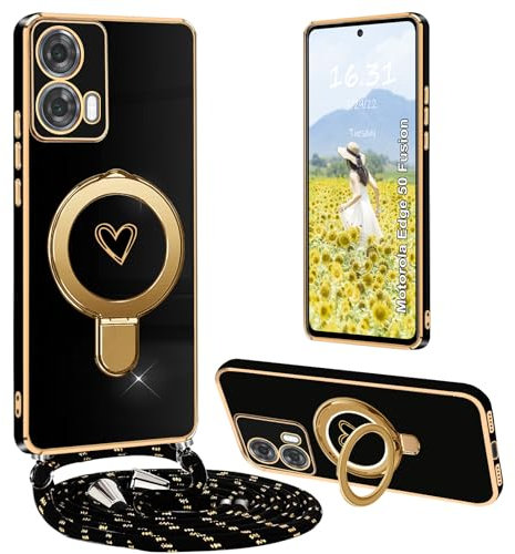 Yutwo Funda de silicona para Motorola Edge 50 Fusion con correa y soporte, color negro mate, diseño de corazón y correa manos libres