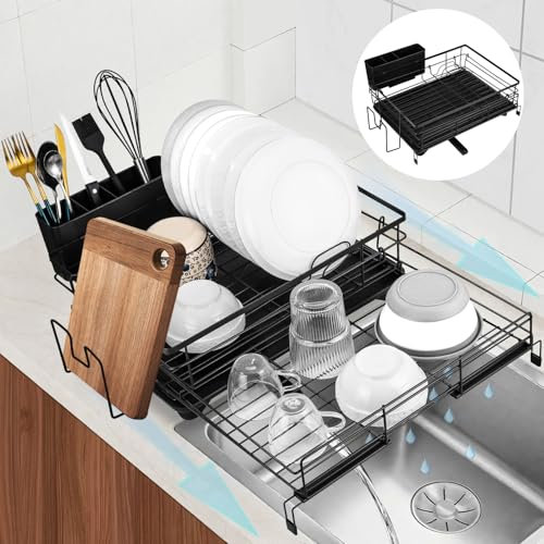 Zaxiva Escurridor de Platos Grande, Escurreplatos Extensible sobre Fregadero con Drenaje Giratorio 360°, Alfombrilla Diatomita de Cocina, Escurreplatos para Fregadero y Encimera, Ahorro de Espacio