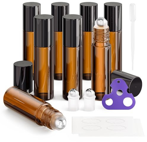 ULG 8-Pack Essential Oil Roller Bottles 10ml, Empty Bottles with Stainless Steel Roller Balls and Waterproof Labels, Roller Balls For Essential Oils,Amber