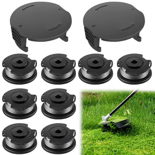 PLLYPE 8 Stück Rasentrimmer Spule, Ø1.65mm-5m Länge Ersatzspule, Nylon Rasentrimmer Ersatzfadenspule, mit 2 Spulenabdeckungen, Kompatibel mit Bosch F016800569/F016800385