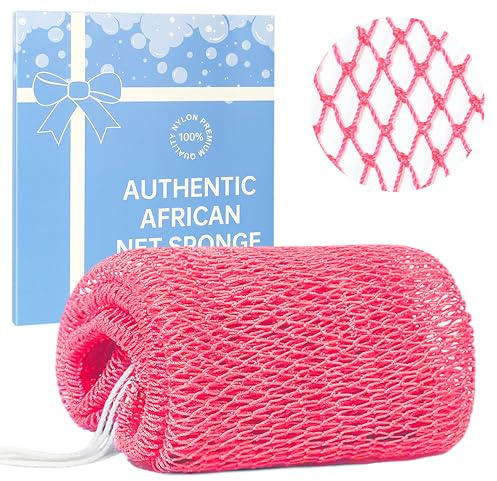 MuiiuM African Net Sponge Authentic with Knots, Colourfast Exfoliating Bath Sponge, Strong Mesh Body and Back Scrubber, Quick Dry Shower Net, 30+ Colours for Women Men(Pink)
