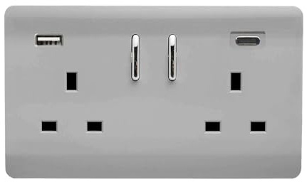 Trendi 2 Gang Artistic Modern Glossy 13 Amp 2 x Type A & C 3.1a USB Switched Plug Socket Brushed Steel