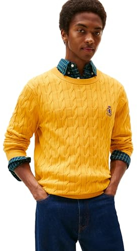 Tommy Hilfiger Men's Crest Cable Knit Crewneck Sweater Lightweight Pullover, Countryside Yellow, XL
