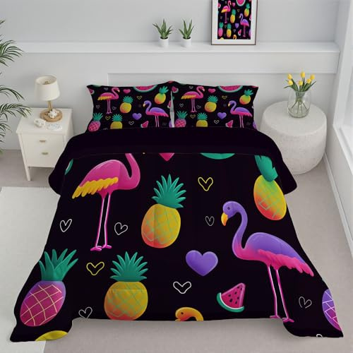 Couette Matelassée Ananas Flamant Rose 220x240cm Couette Thème D'Été Légère en Polyester pour lit 2 Personnes Édredon sans Housse et 2 Taies d'oreiller 65x65 cm pour 4 Saisons, Rose Fluo