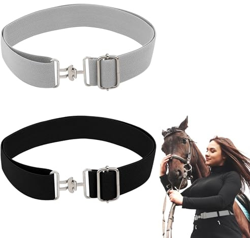 2Pcs 3.8cm(1.5 inch)Elastic Equestrian Belt, Adjustable Horse Riding Waist Belt with Surcingle Buckle, Stretch Horseback Riding Waist Strap English Riding Belt for Women Equestrian Sports(Black Grey)