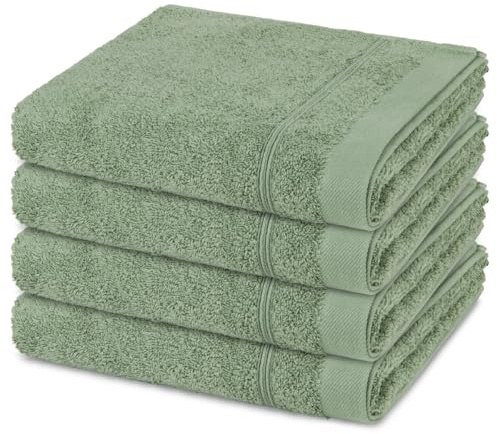 Ross Rubin 4er Set Handtücher 50x100 cm – Hochwertiger Walkfrottee 480 g/m², 100% Baumwolle, Weich & Saugstark, Dezente Kordelborde mit Sticklogo – Pflegeleicht & Langlebig - Piniengrün