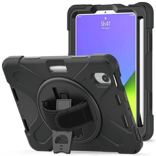 Custodia compatibile con iPad Mini 7 (A17 Pro) 2024, custodia antiurto robusta e resistente con protezione dalle cadute, con portapenne, tracolla protettiva For bambini, custodia in silicone(Siyah)