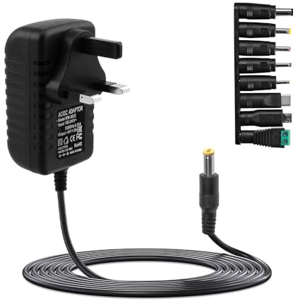Vmoomax Universal Power Supply Adapter, AC 100–240V to DC 5V 2A Converter with 8 Interchangeable DC Tips, 10W Max Power Adaptor for LED Strip Lights, CCTV Systems, Baby Monitors, TV Box