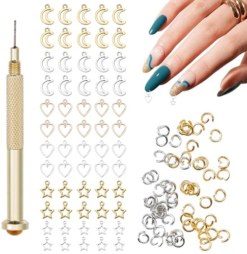 NICENEEDED 121 PCS Dangle Nail Art Charms, Nail Jewelry Rings with Nail Piercing Tool Hand Drill for Tips Acrylic Gels and Decorations (Silver and Gold)