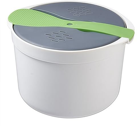 Kivivaka Olla arrocera para microondas, olla portátil para pasta y verduras con colador, 18 x 18 x 13 cm, para material de polipropileno, arroz rápido, sopa y verduras para cocinar verde